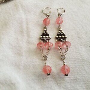 STERLING SILVER & PINK STONES 3" DANGLE PIERCED EARRINGS